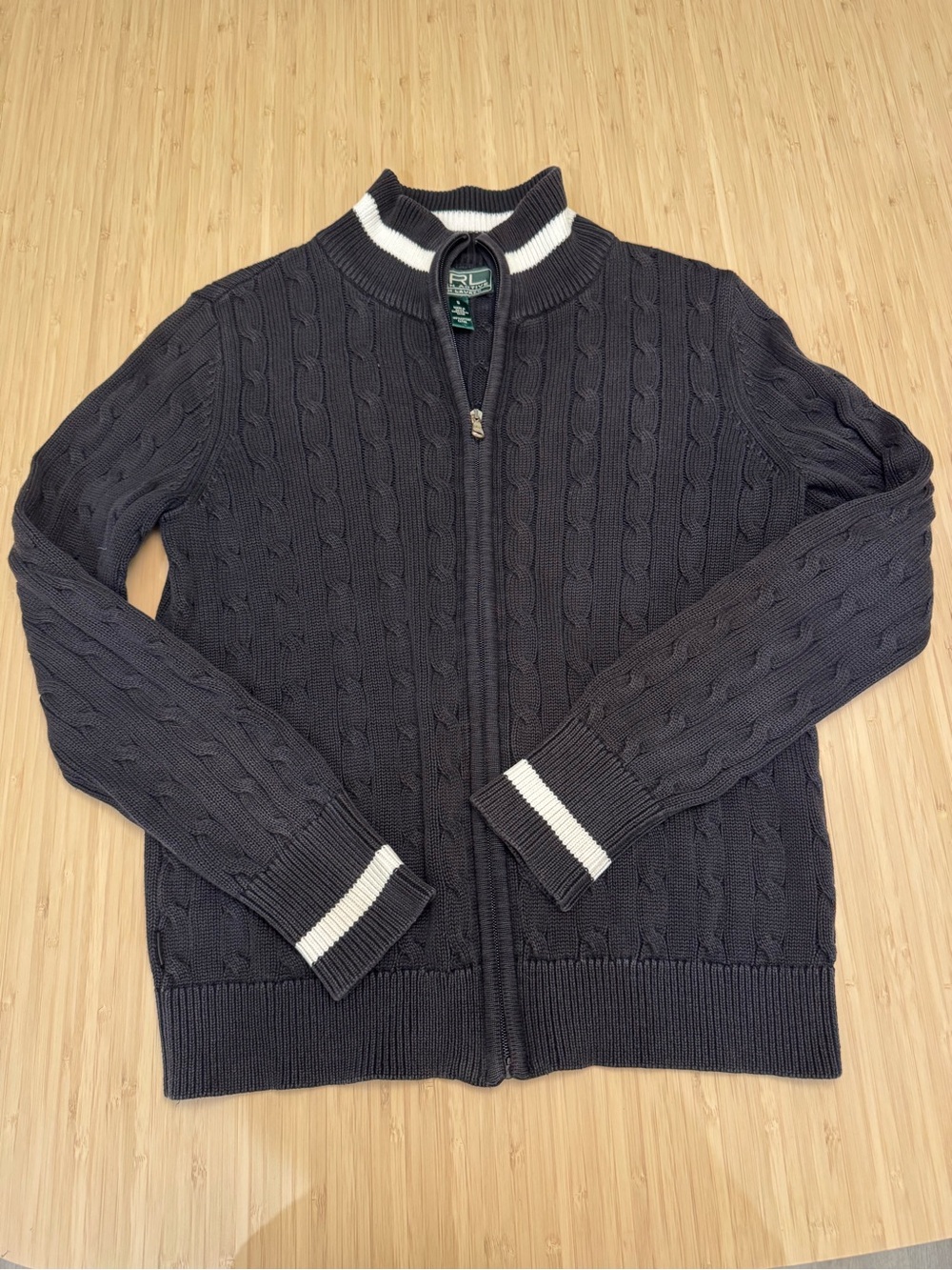 Lauren Active Ralph Lauren Navy Cable-Knit Full-Zip Sweater w/White Stripe Trim